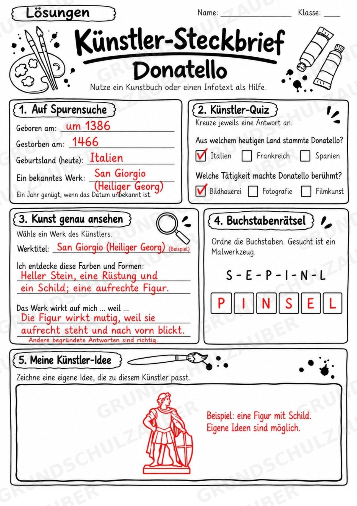 Donatello – Künstler-Steckbrief & Infotext | Kunstunterricht Grundschule Klasse 4–5 | Arbeitsblätter mit Lösungen – Materialseite 5