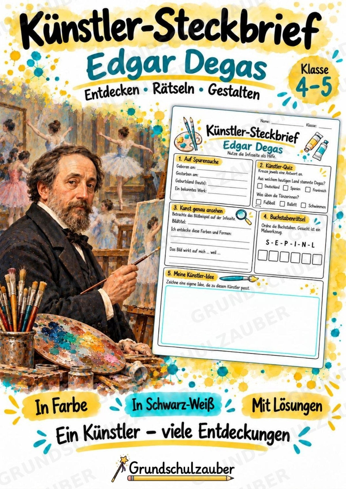 Edgar Degas – Künstler-Steckbrief & Infotext | Kunstunterricht Grundschule Klasse 4–5 | Arbeitsblätter mit Lösungen – Cover