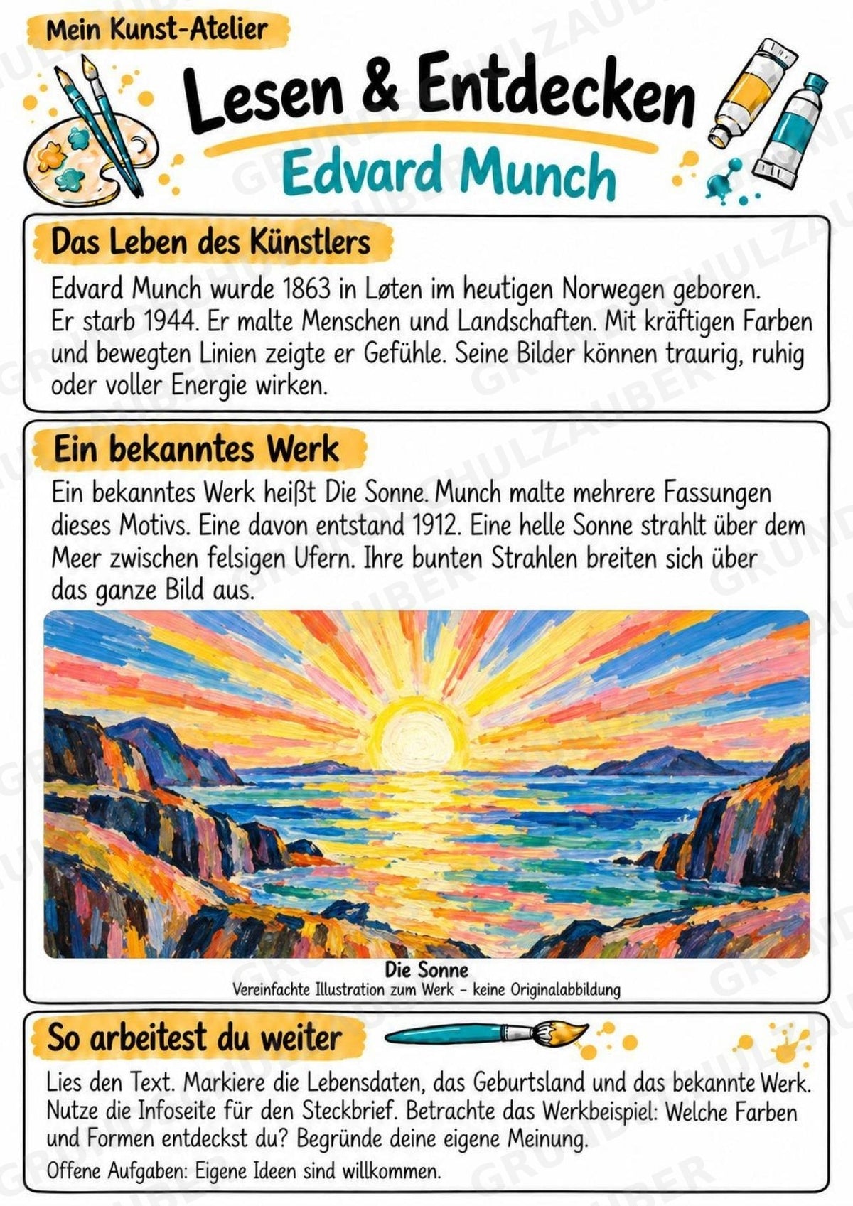 Edvard Munch – Künstler-Steckbrief & Infotext | Kunstunterricht Grundschule Klasse 4–5 | Arbeitsblätter mit Lösungen – Materialseite 2