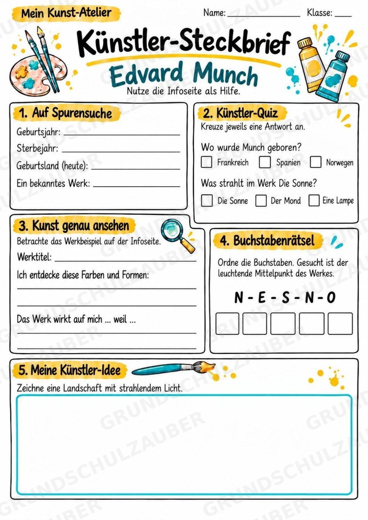 Edvard Munch – Künstler-Steckbrief & Infotext | Kunstunterricht Grundschule Klasse 4–5 | Arbeitsblätter mit Lösungen – Materialseite 3
