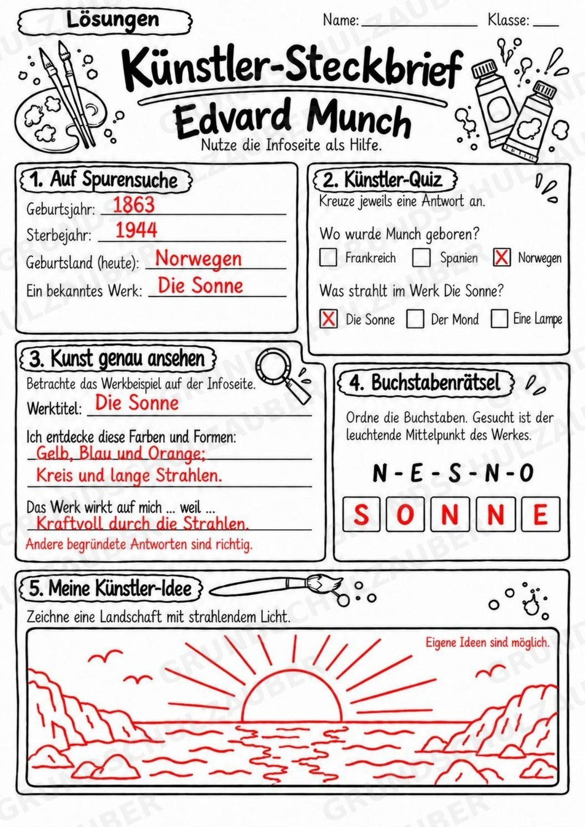 Edvard Munch – Künstler-Steckbrief & Infotext | Kunstunterricht Grundschule Klasse 4–5 | Arbeitsblätter mit Lösungen – Materialseite 5