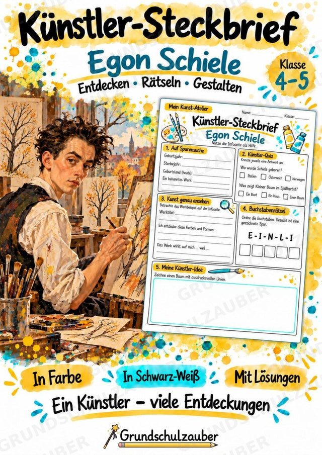 Egon Schiele – Künstler-Steckbrief & Infotext | Kunstunterricht Grundschule Klasse 4–5 | Arbeitsblätter mit Lösungen – Cover