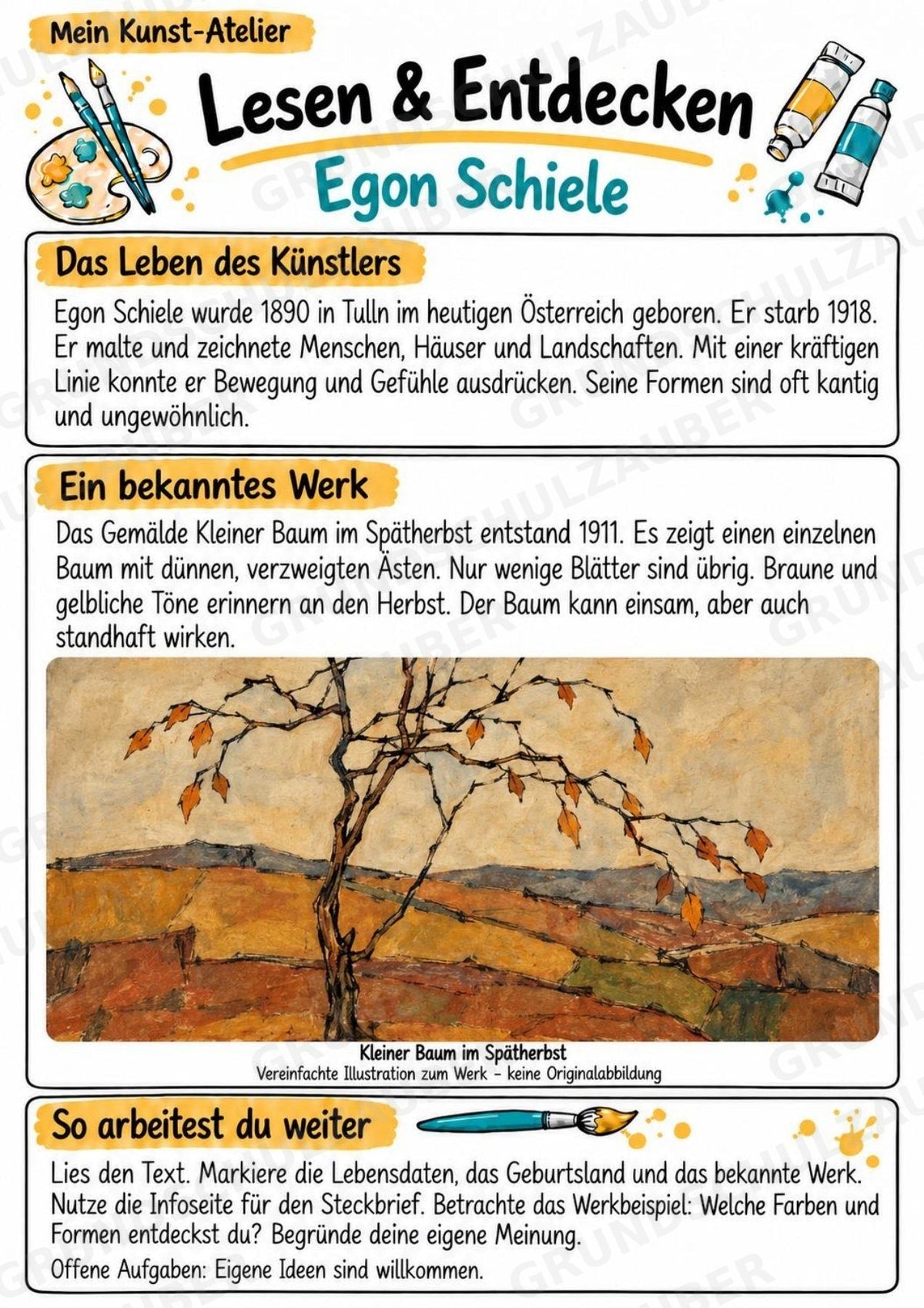 Egon Schiele – Künstler-Steckbrief & Infotext | Kunstunterricht Grundschule Klasse 4–5 | Arbeitsblätter mit Lösungen – Materialseite 2
