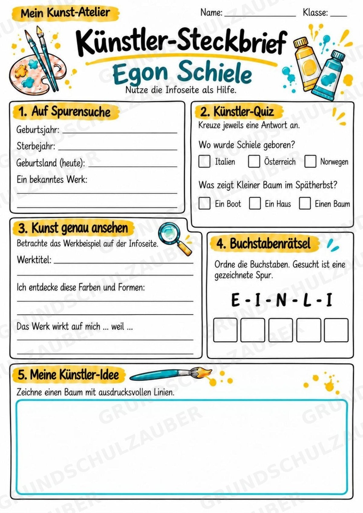 Egon Schiele – Künstler-Steckbrief & Infotext | Kunstunterricht Grundschule Klasse 4–5 | Arbeitsblätter mit Lösungen – Materialseite 3