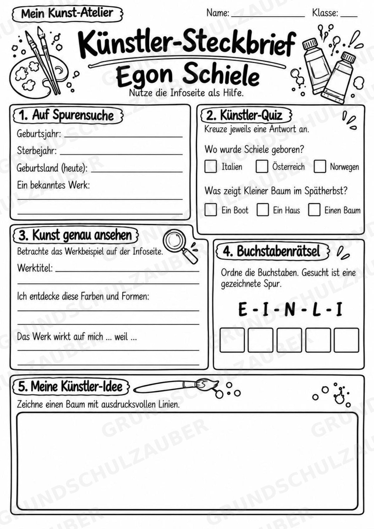 Egon Schiele – Künstler-Steckbrief & Infotext | Kunstunterricht Grundschule Klasse 4–5 | Arbeitsblätter mit Lösungen – Materialseite 4