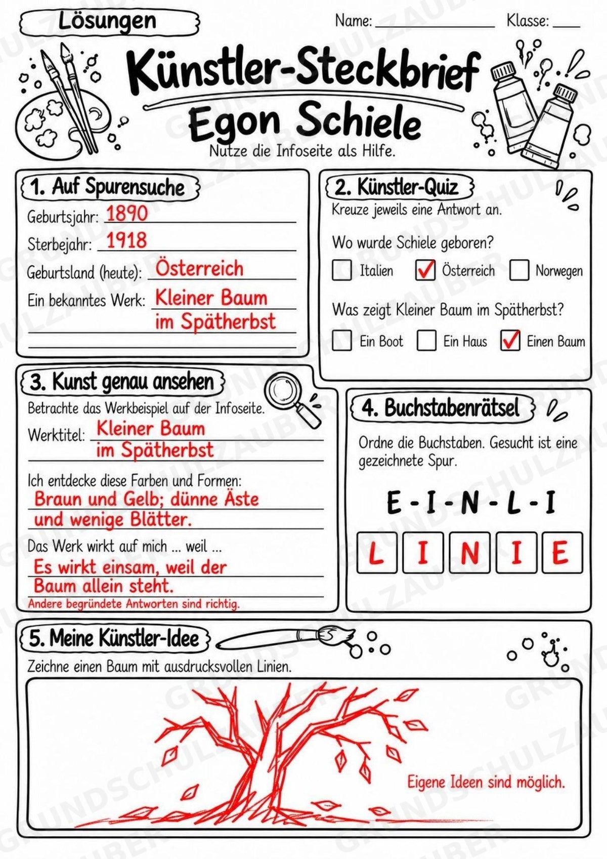 Egon Schiele – Künstler-Steckbrief & Infotext | Kunstunterricht Grundschule Klasse 4–5 | Arbeitsblätter mit Lösungen – Materialseite 5