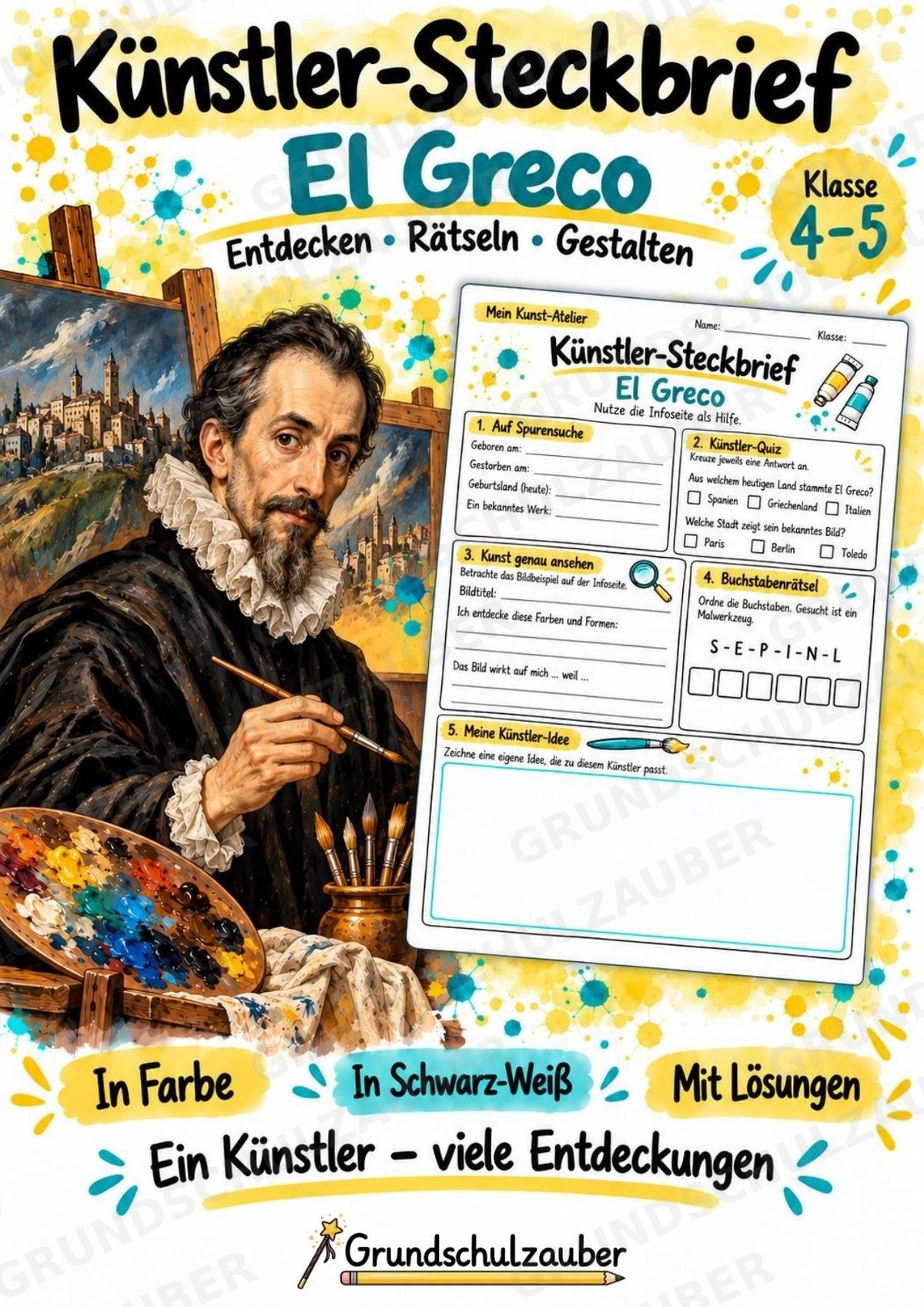 El Greco – Künstler-Steckbrief & Infotext | Kunstunterricht Grundschule Klasse 4–5 | Arbeitsblätter mit Lösungen – Cover