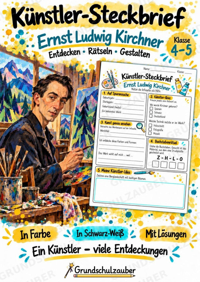 Ernst Ludwig Kirchner – Künstler-Steckbrief & Infotext | Kunstunterricht Grundschule Klasse 4–5 | Arbeitsblätter mit Lösungen – Cover