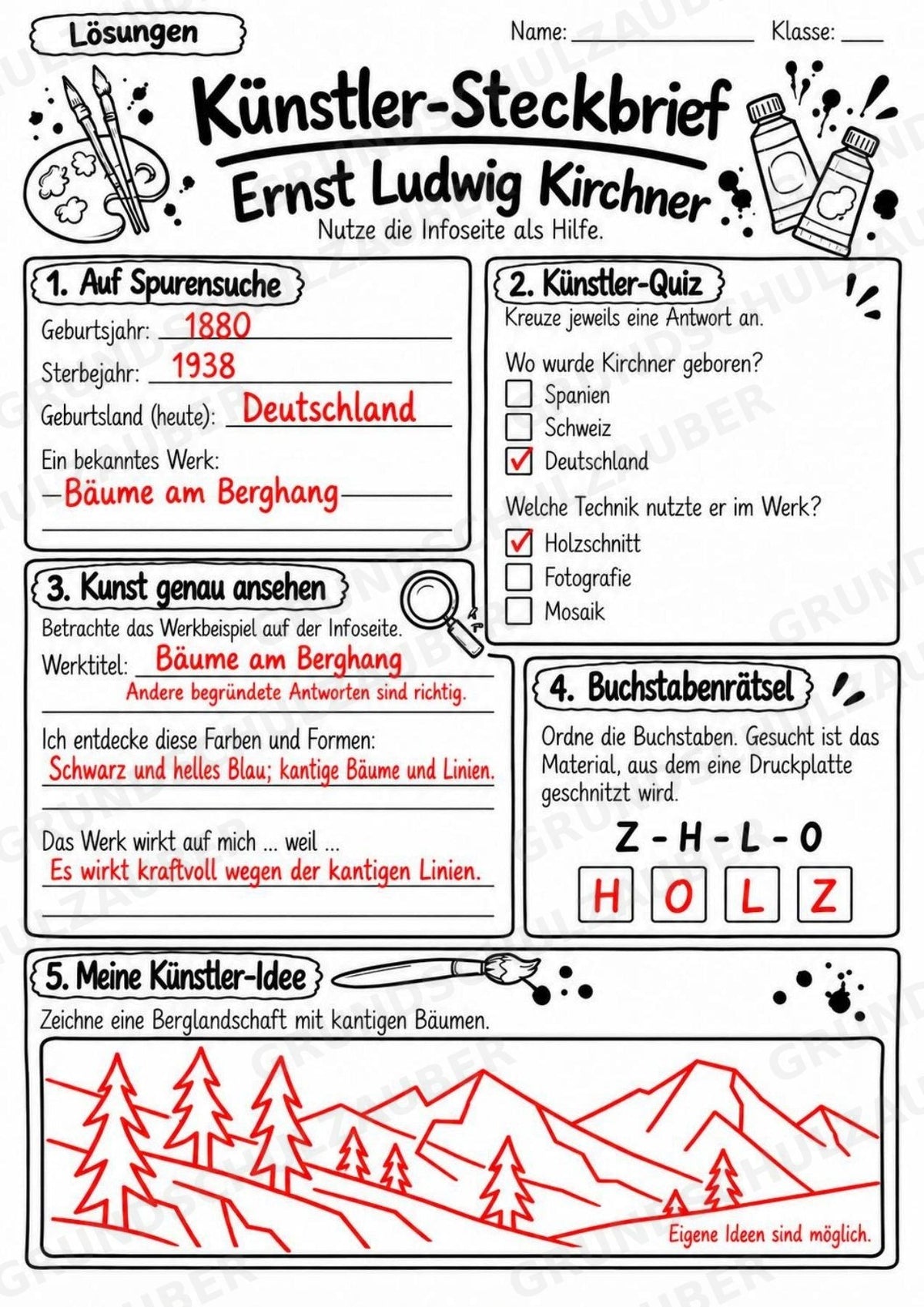 Ernst Ludwig Kirchner – Künstler-Steckbrief & Infotext | Kunstunterricht Grundschule Klasse 4–5 | Arbeitsblätter mit Lösungen – Materialseite 5