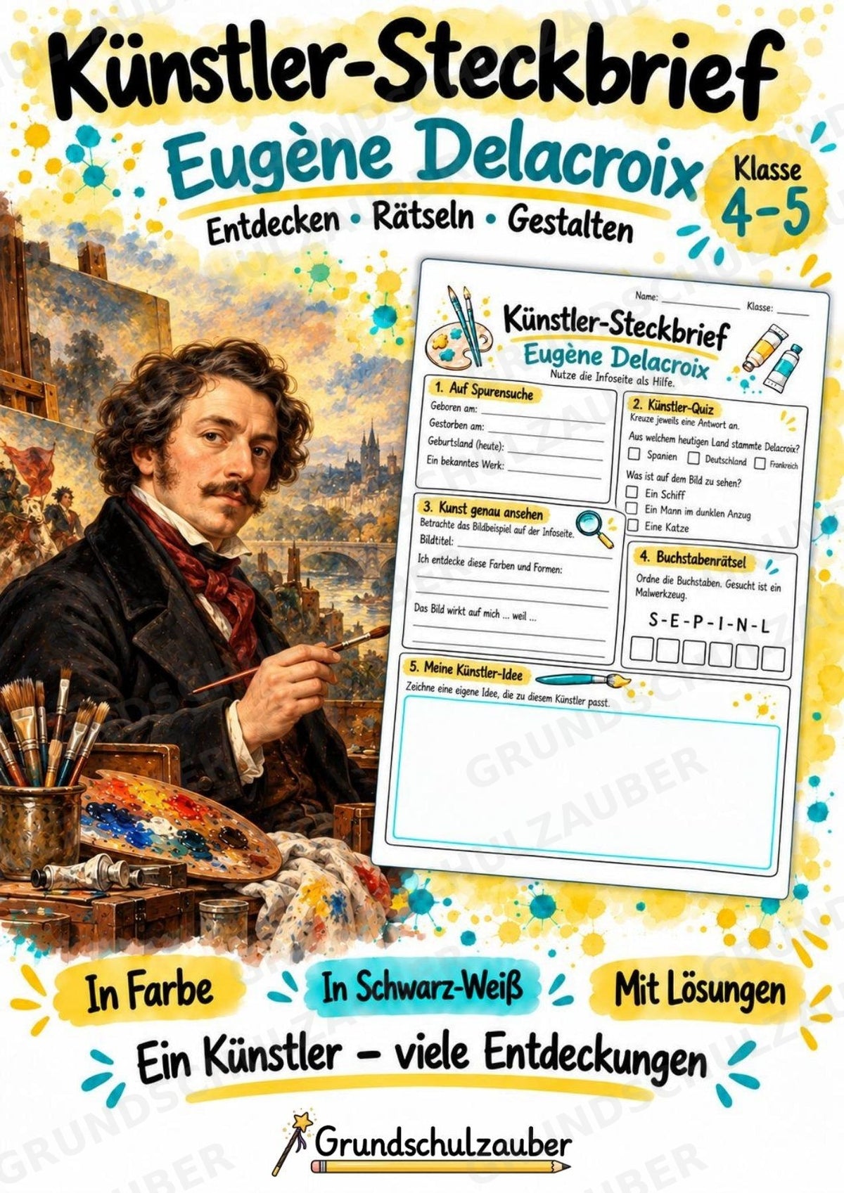 Euge ne Delacroix – Künstler-Steckbrief & Infotext | Kunstunterricht Grundschule Klasse 4–5 | Arbeitsblätter mit Lösungen – Cover