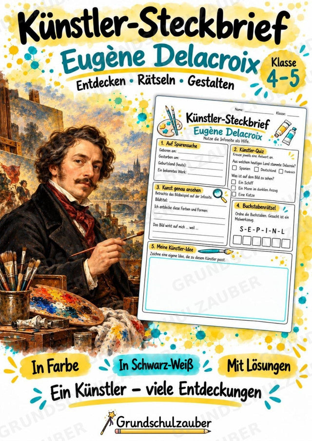 Euge ne Delacroix – Künstler-Steckbrief & Infotext | Kunstunterricht Grundschule Klasse 4–5 | Arbeitsblätter mit Lösungen – Cover