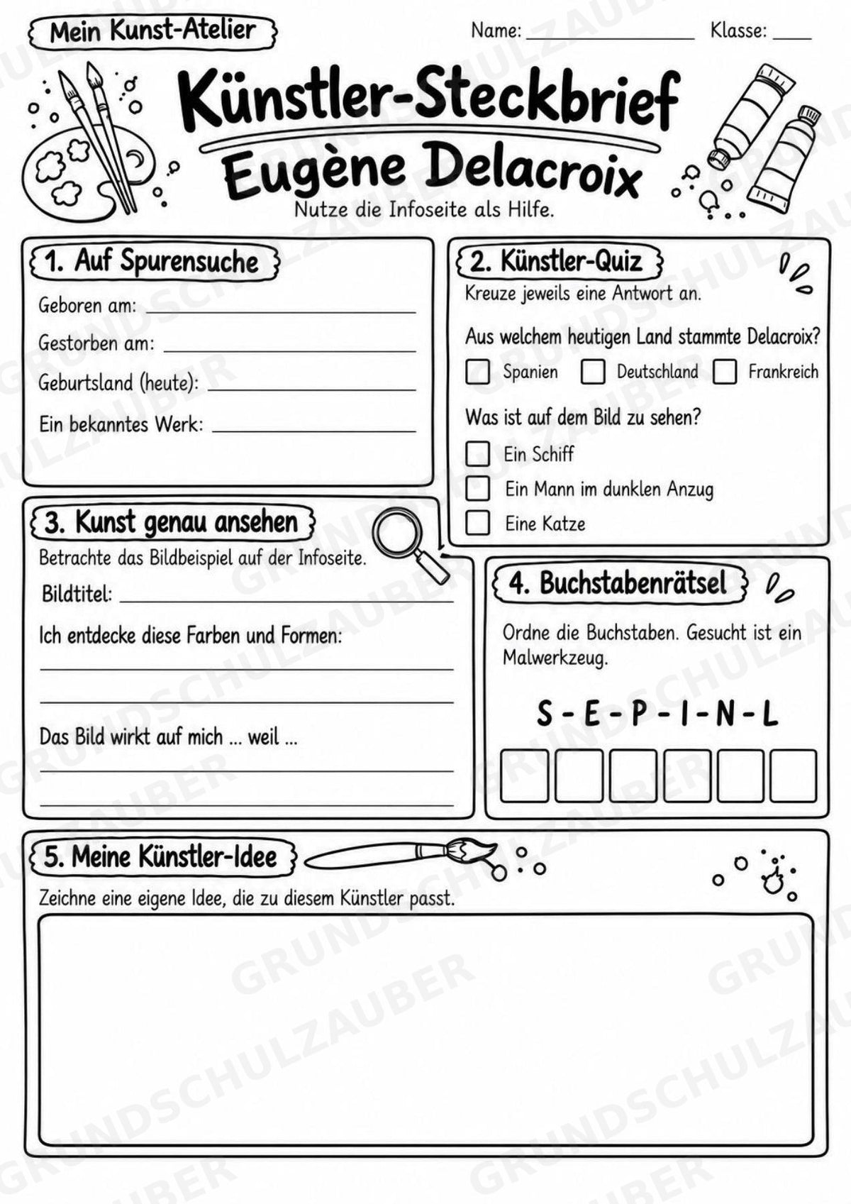 Euge ne Delacroix – Künstler-Steckbrief & Infotext | Kunstunterricht Grundschule Klasse 4–5 | Arbeitsblätter mit Lösungen – Materialseite 4