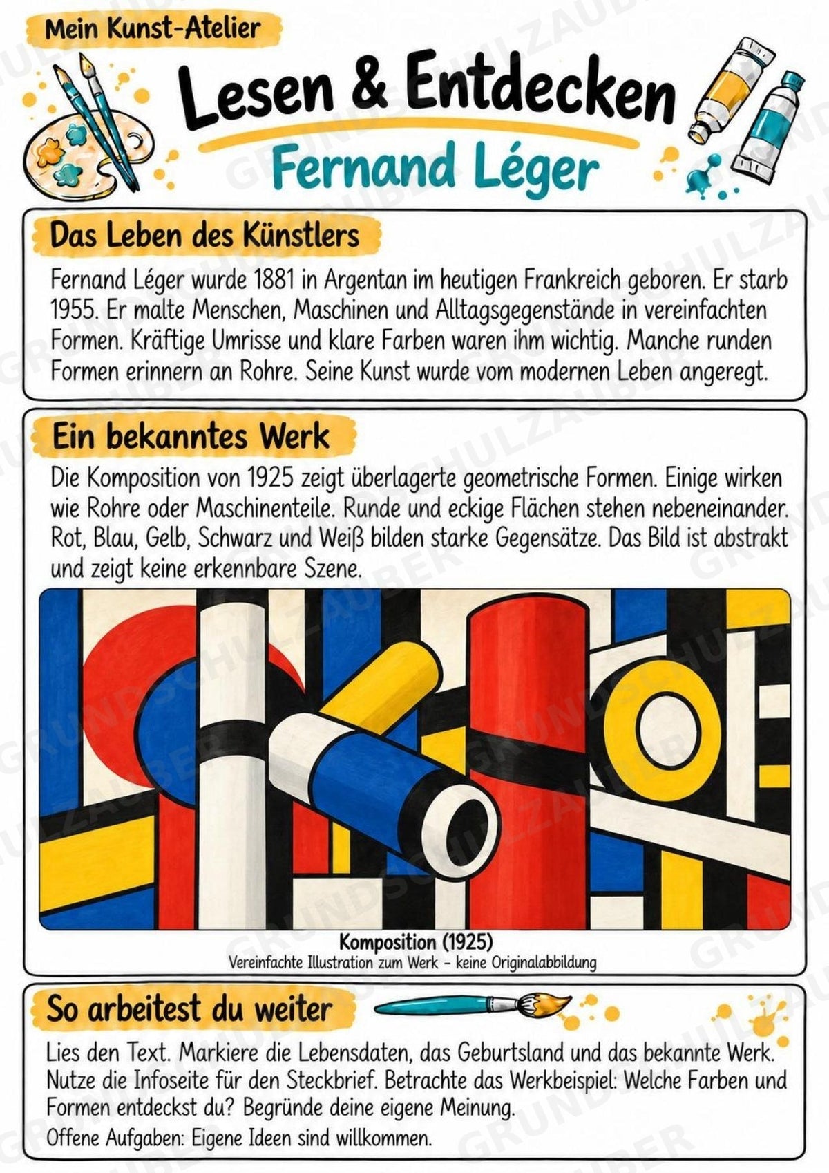 Fernand Le ger – Künstler-Steckbrief & Infotext | Kunstunterricht Grundschule Klasse 4–5 | Arbeitsblätter mit Lösungen – Materialseite 2