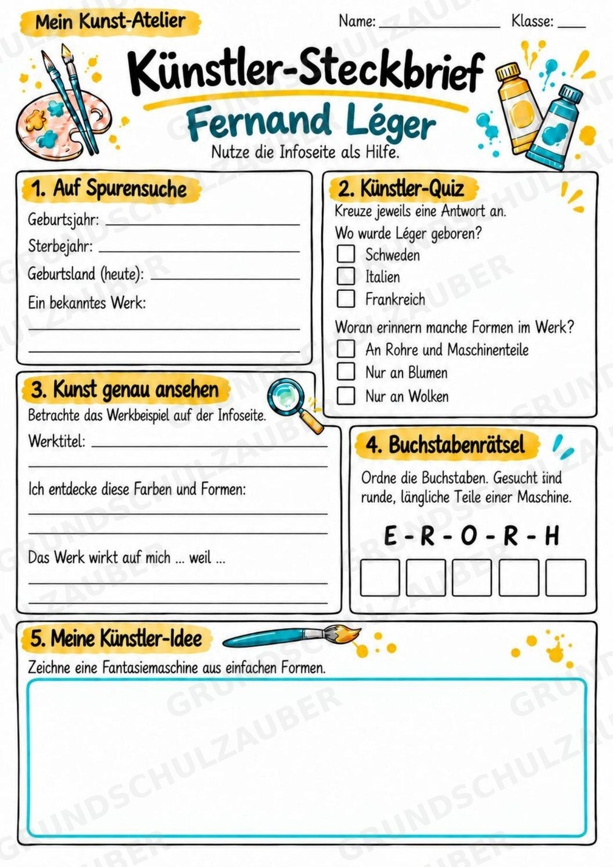 Fernand Le ger – Künstler-Steckbrief & Infotext | Kunstunterricht Grundschule Klasse 4–5 | Arbeitsblätter mit Lösungen – Materialseite 3