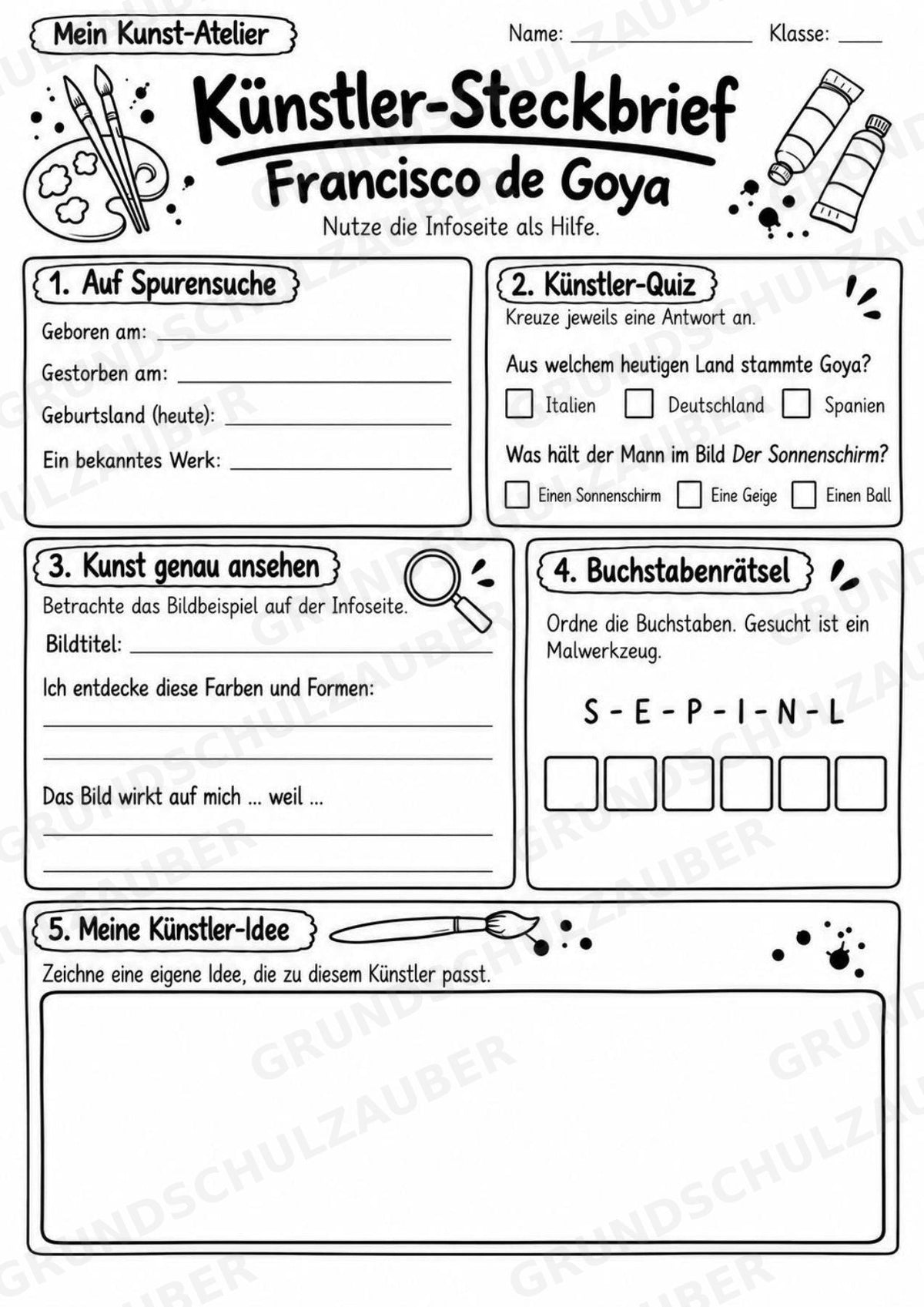 Francisco de Goya – Künstler-Steckbrief & Infotext | Kunstunterricht Grundschule Klasse 4–5 | Arbeitsblätter mit Lösungen – Materialseite 4