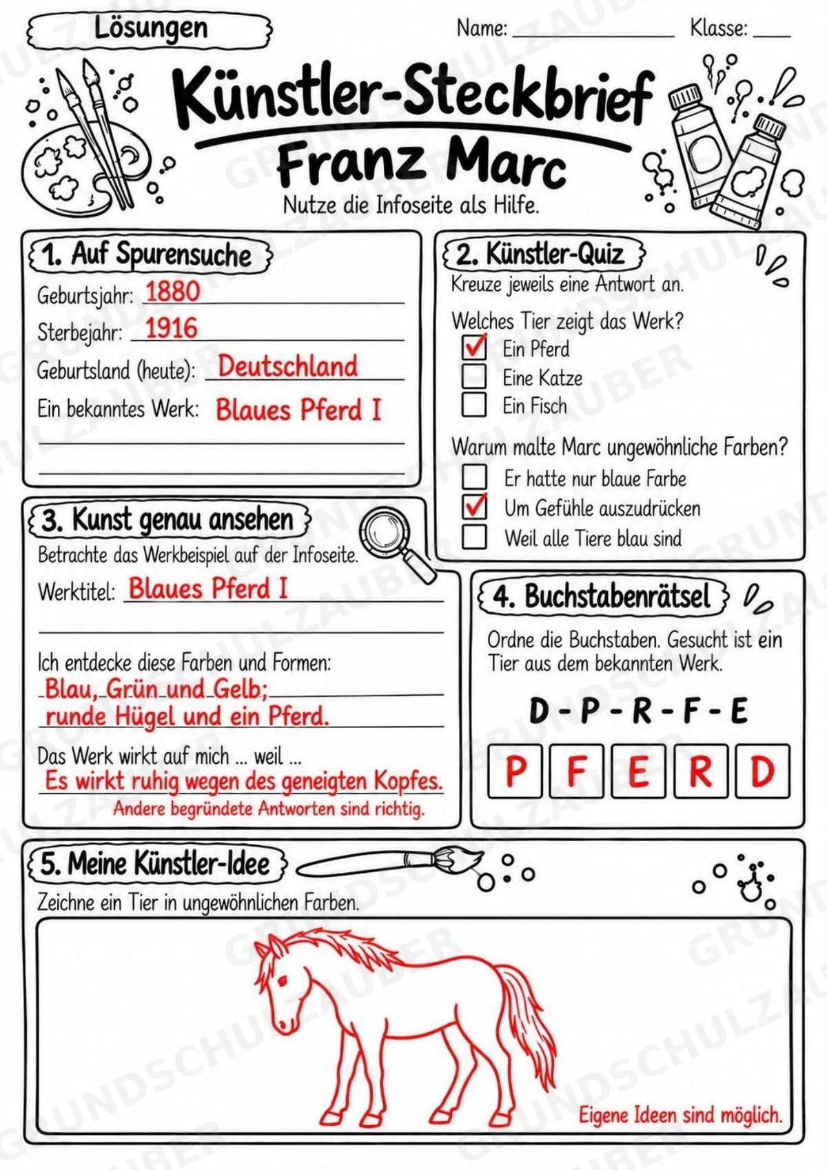 Franz Marc – Künstler-Steckbrief & Infotext | Kunstunterricht Grundschule Klasse 4–5 | Arbeitsblätter mit Lösungen – Materialseite 5