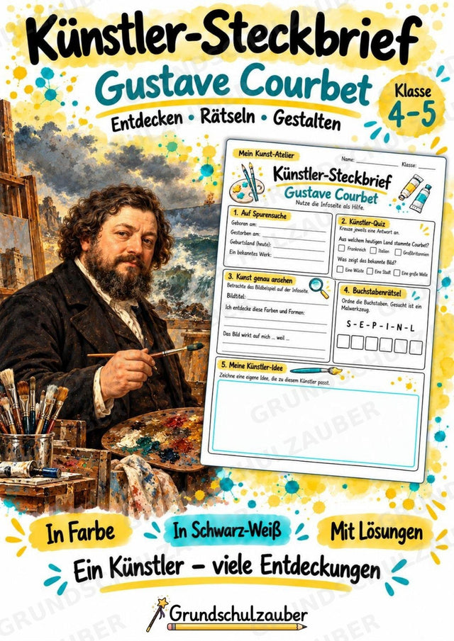 Gustave Courbet – Künstler-Steckbrief & Infotext | Kunstunterricht Grundschule Klasse 4–5 | Arbeitsblätter mit Lösungen – Cover