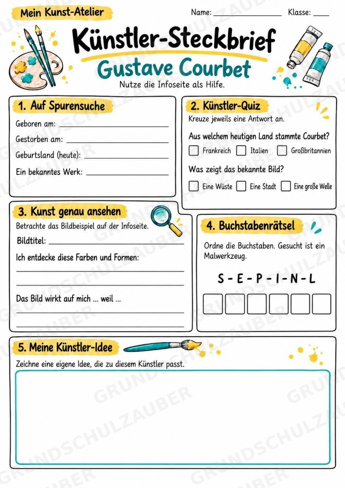 Gustave Courbet – Künstler-Steckbrief & Infotext | Kunstunterricht Grundschule Klasse 4–5 | Arbeitsblätter mit Lösungen – Materialseite 3