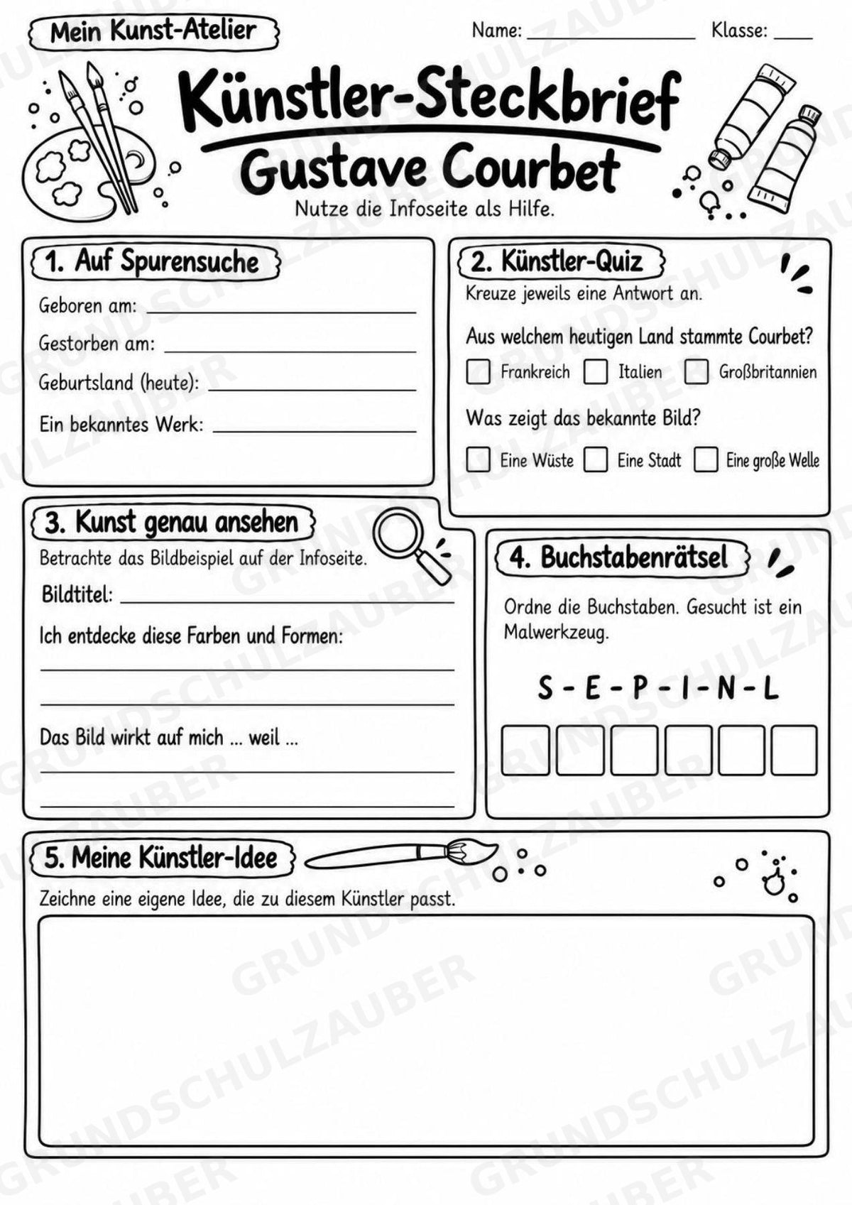 Gustave Courbet – Künstler-Steckbrief & Infotext | Kunstunterricht Grundschule Klasse 4–5 | Arbeitsblätter mit Lösungen – Materialseite 4