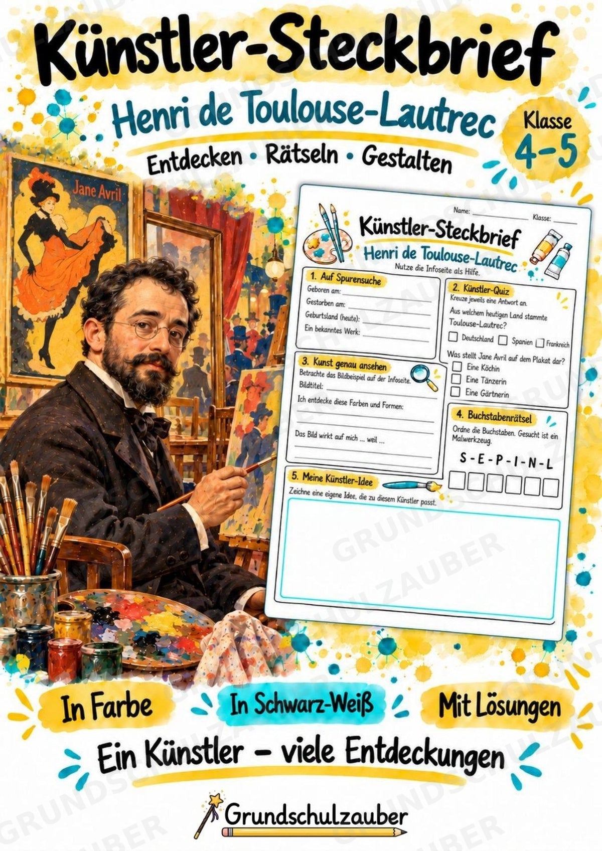 Henri de Toulouse Lautrec – Künstler-Steckbrief & Infotext | Kunstunterricht Grundschule Klasse 4–5 | Arbeitsblätter mit Lösungen – Cover
