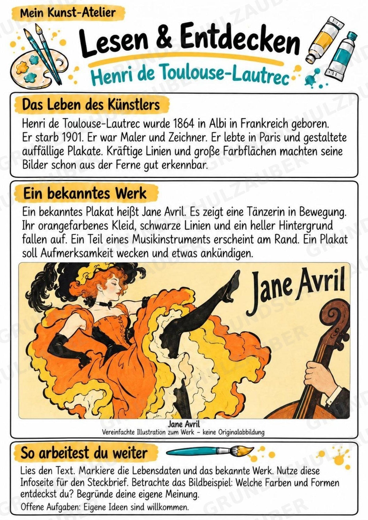 Henri de Toulouse Lautrec – Künstler-Steckbrief & Infotext | Kunstunterricht Grundschule Klasse 4–5 | Arbeitsblätter mit Lösungen – Materialseite 2