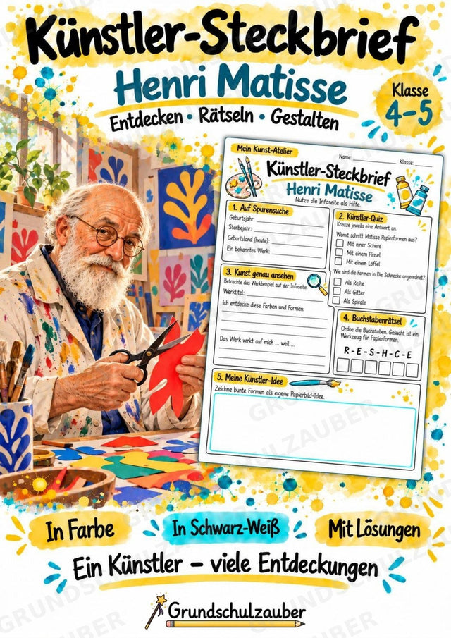 Henri Matisse – Künstler-Steckbrief & Infotext | Kunstunterricht Grundschule Klasse 4–5 | Arbeitsblätter mit Lösungen – Cover