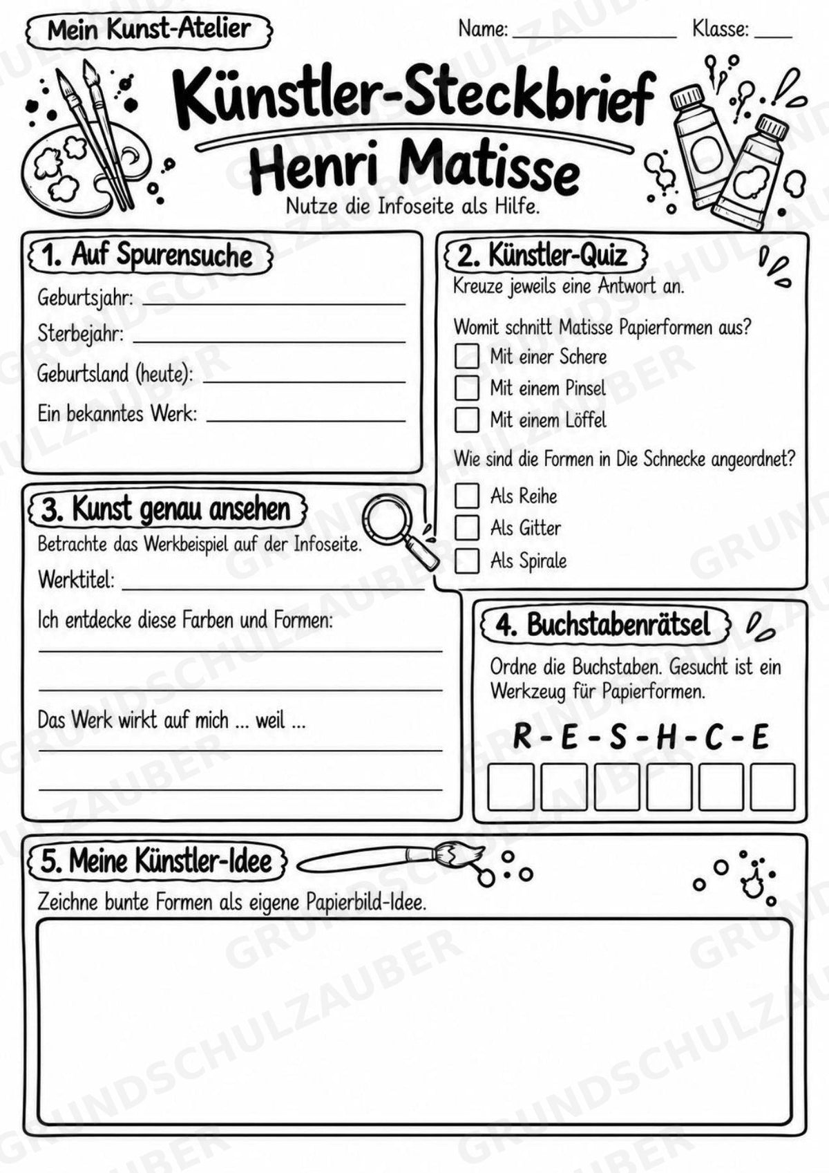 Henri Matisse – Künstler-Steckbrief & Infotext | Kunstunterricht Grundschule Klasse 4–5 | Arbeitsblätter mit Lösungen – Materialseite 4