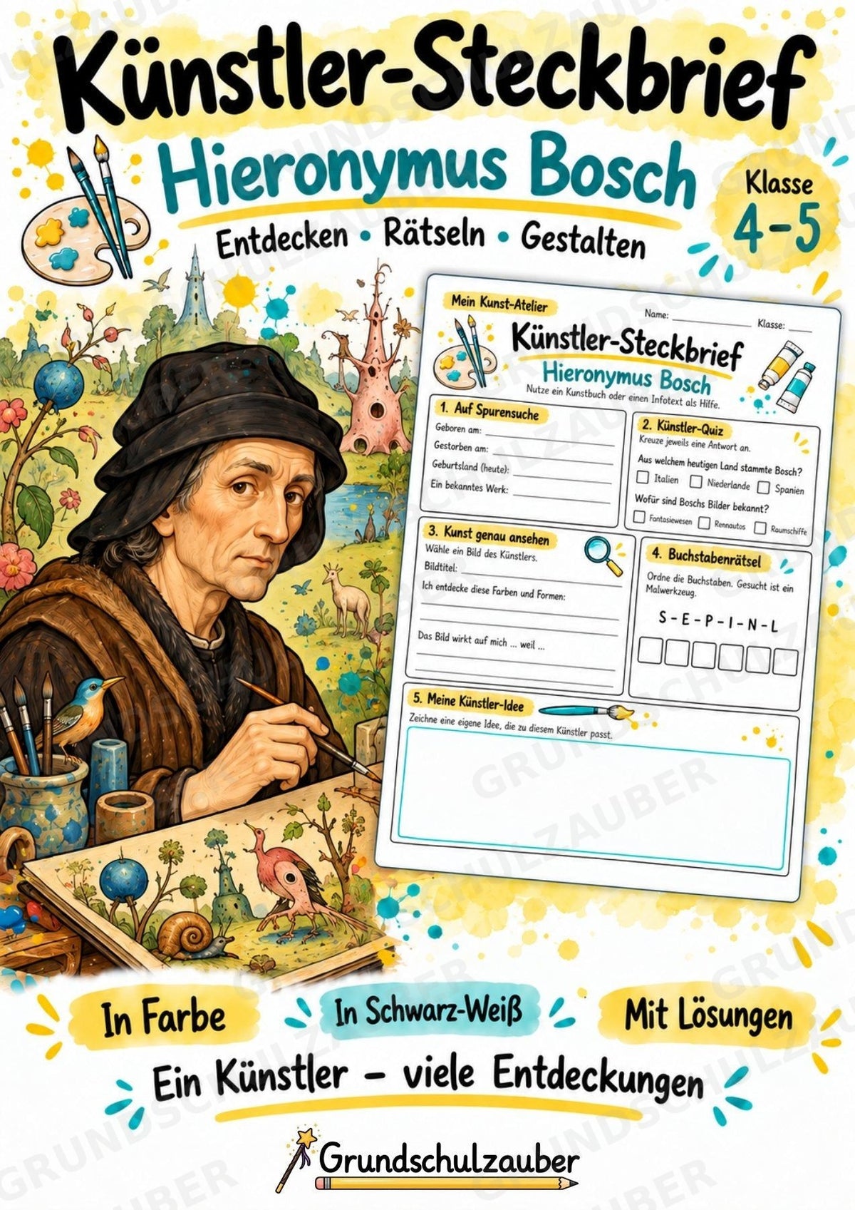 Hieronymus Bosch – Künstler-Steckbrief & Infotext | Kunstunterricht Grundschule Klasse 4–5 | Arbeitsblätter mit Lösungen – Cover