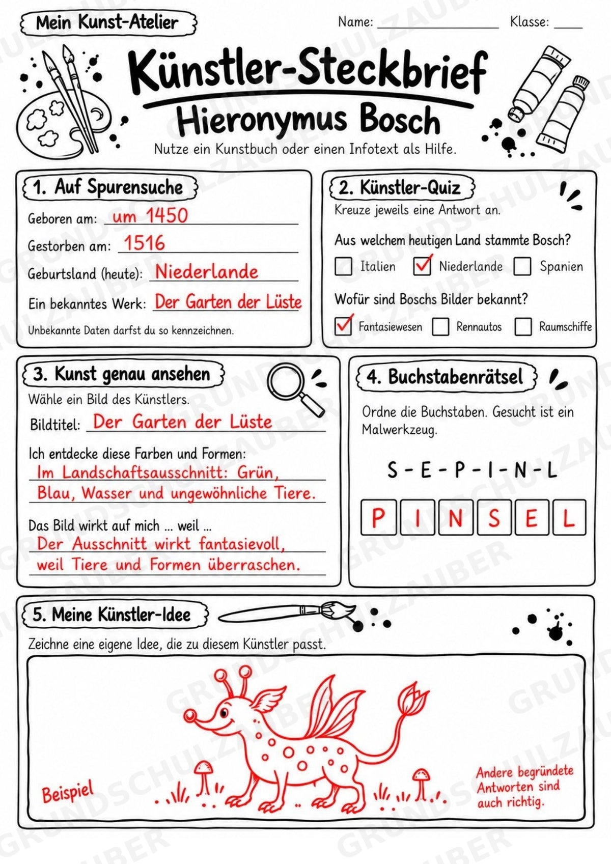 Hieronymus Bosch – Künstler-Steckbrief & Infotext | Kunstunterricht Grundschule Klasse 4–5 | Arbeitsblätter mit Lösungen – Materialseite 5
