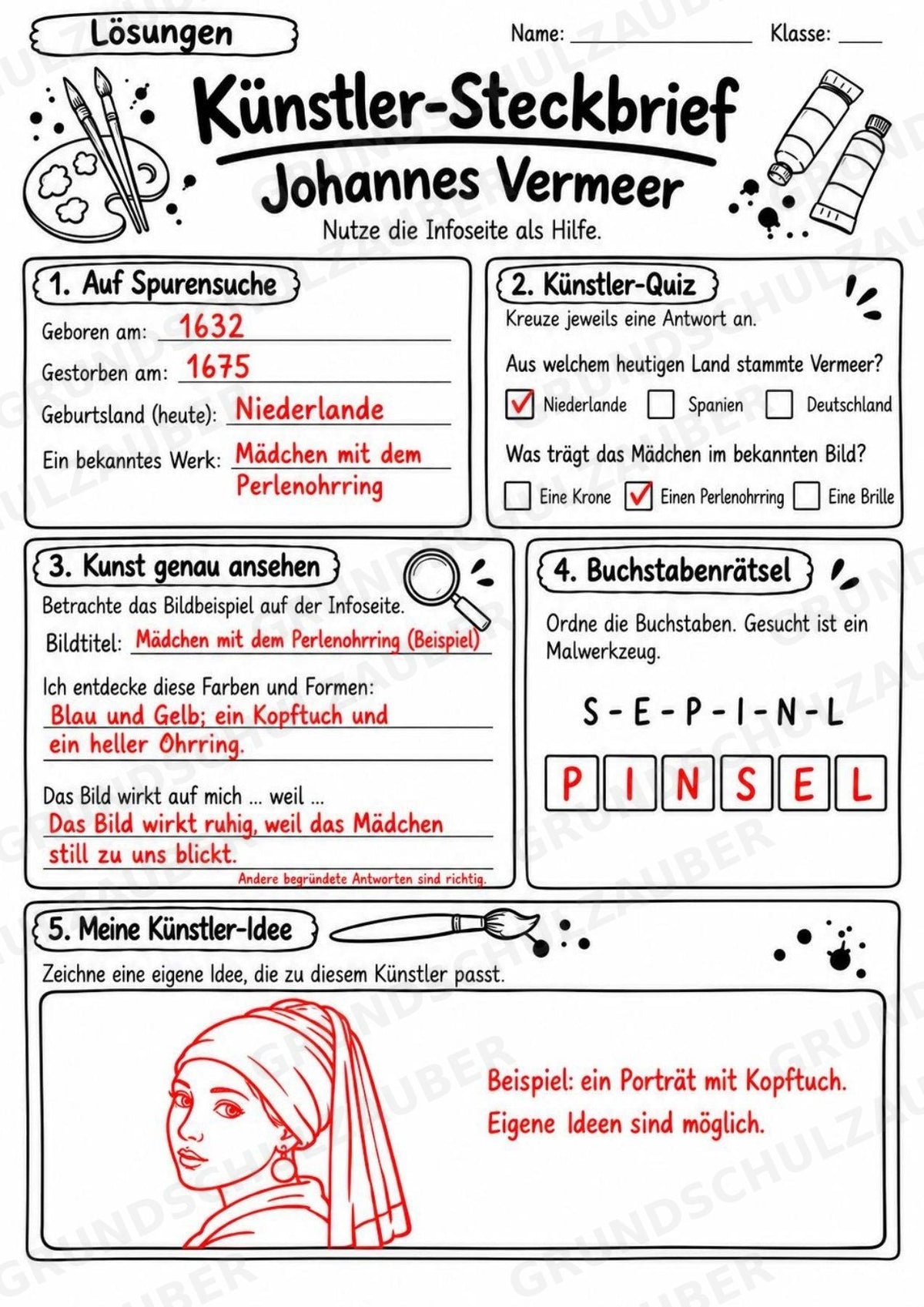 Johannes Vermeer – Künstler-Steckbrief & Infotext | Kunstunterricht Grundschule Klasse 4–5 | Arbeitsblätter mit Lösungen – Materialseite 5