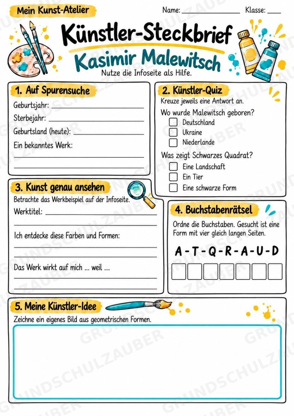 Kasimir Malewitsch – Künstler-Steckbrief & Infotext | Kunstunterricht Grundschule Klasse 4–5 | Arbeitsblätter mit Lösungen – Materialseite 3