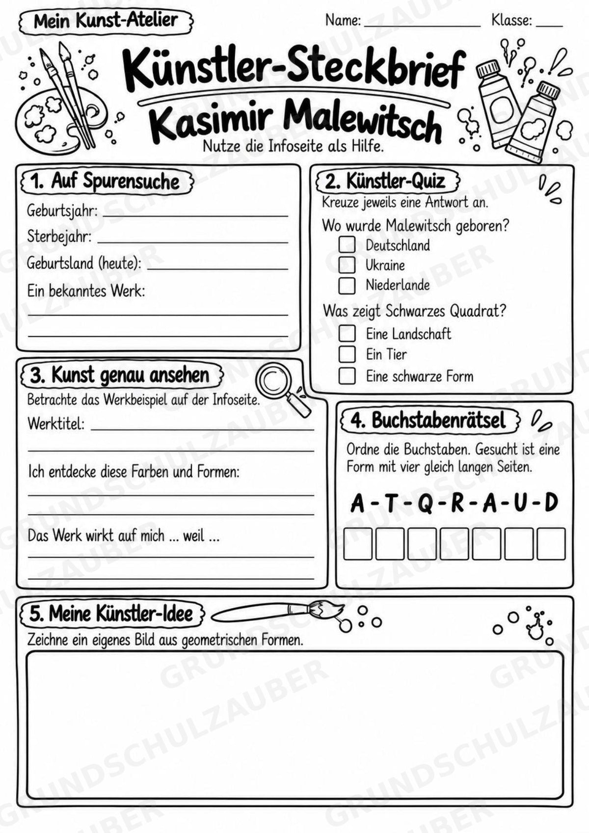 Kasimir Malewitsch – Künstler-Steckbrief & Infotext | Kunstunterricht Grundschule Klasse 4–5 | Arbeitsblätter mit Lösungen – Materialseite 4