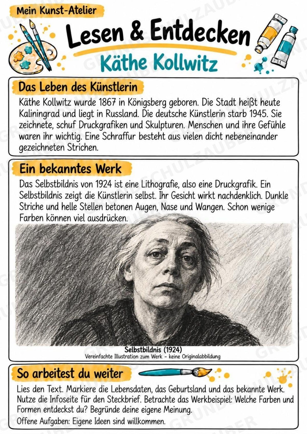 Ka the Kollwitz – Künstler-Steckbrief & Infotext | Kunstunterricht Grundschule Klasse 4–5 | Arbeitsblätter mit Lösungen – Materialseite 2