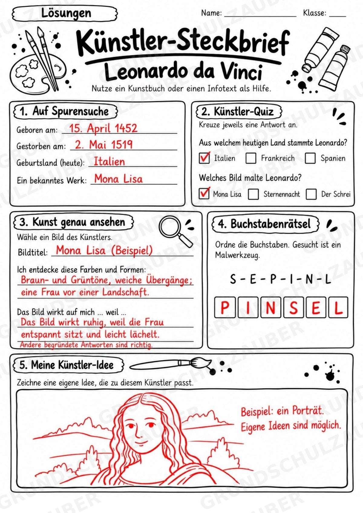 Leonardo da Vinci – Künstler-Steckbrief & Infotext | Kunstunterricht Grundschule Klasse 4–5 | Arbeitsblätter mit Lösungen – Materialseite 5