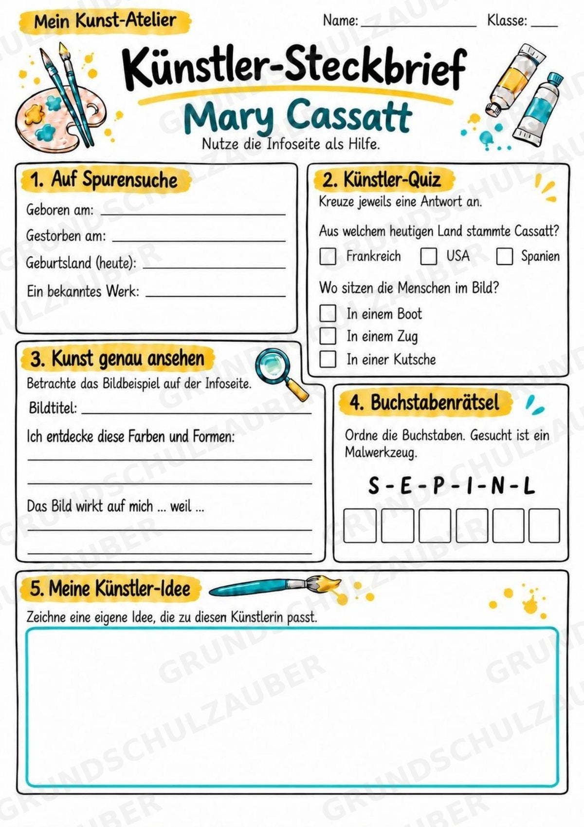 Mary Cassatt – Künstler-Steckbrief & Infotext | Kunstunterricht Grundschule Klasse 4–5 | Arbeitsblätter mit Lösungen – Materialseite 3