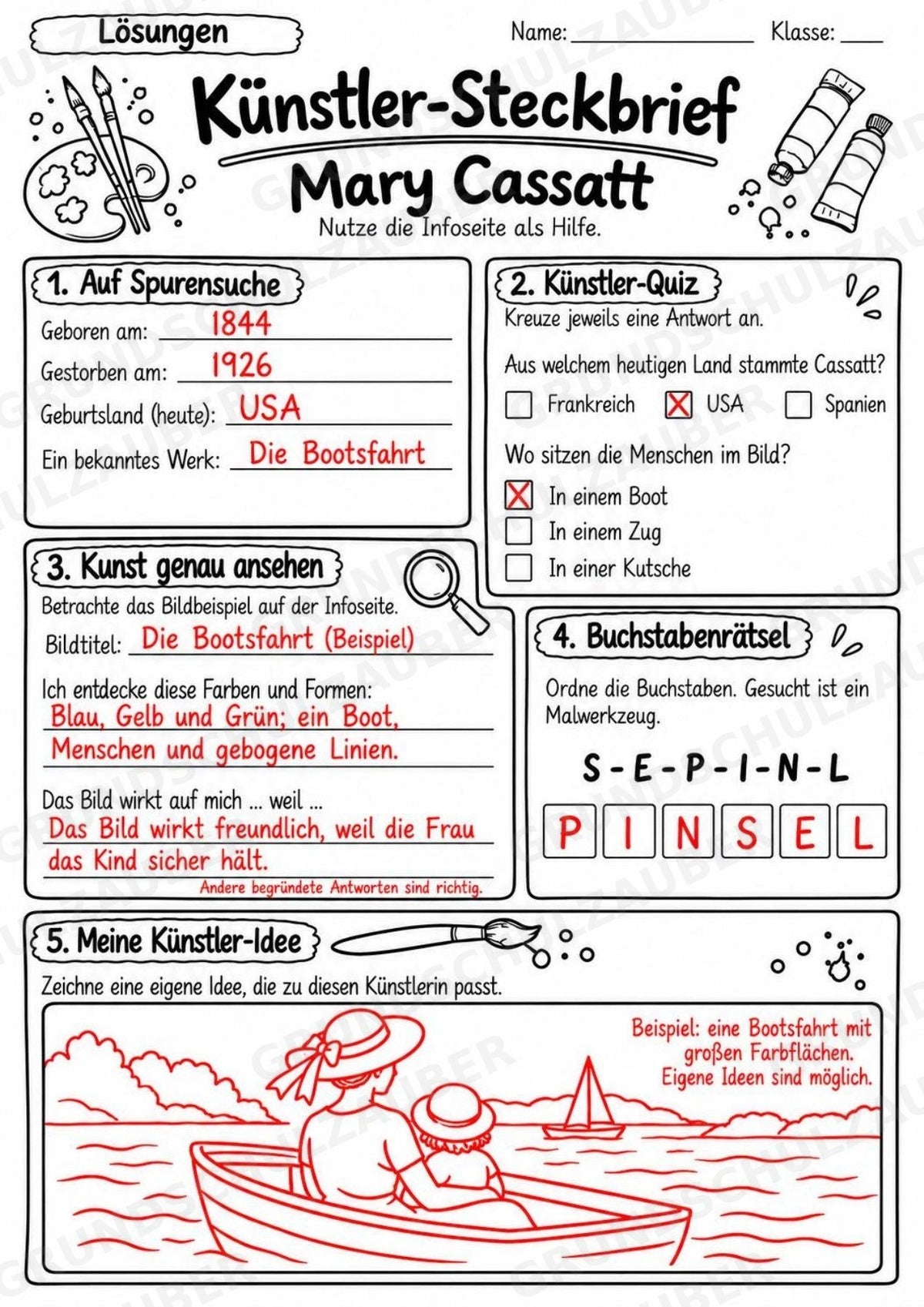 Mary Cassatt – Künstler-Steckbrief & Infotext | Kunstunterricht Grundschule Klasse 4–5 | Arbeitsblätter mit Lösungen – Materialseite 5
