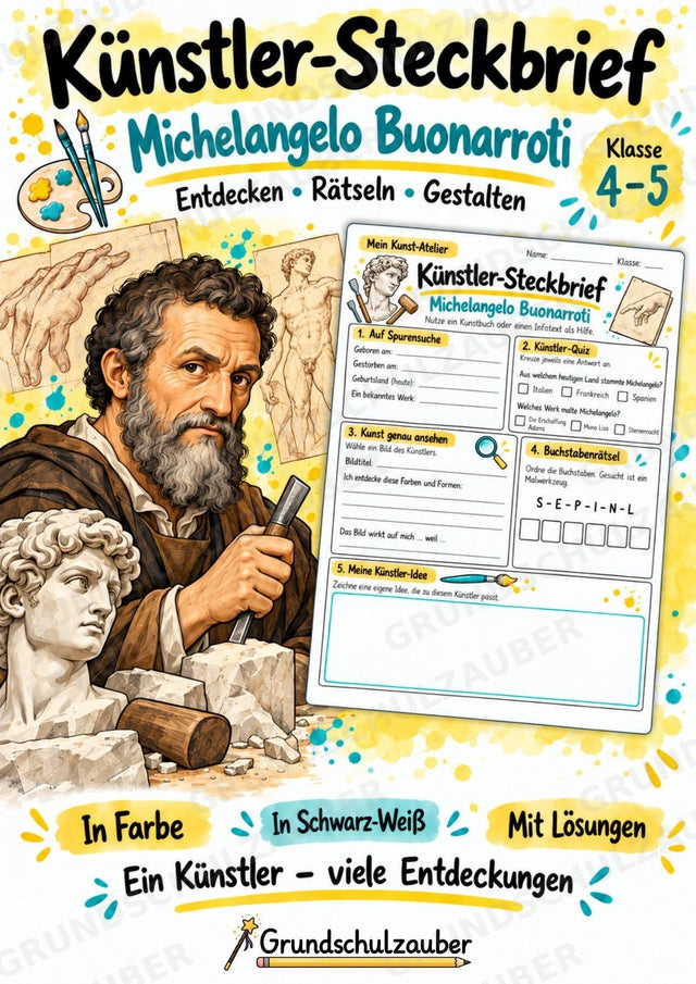 Michelangelo Buonarroti – Künstler-Steckbrief & Infotext | Kunstunterricht Grundschule Klasse 4–5 | Arbeitsblätter mit Lösungen – Cover