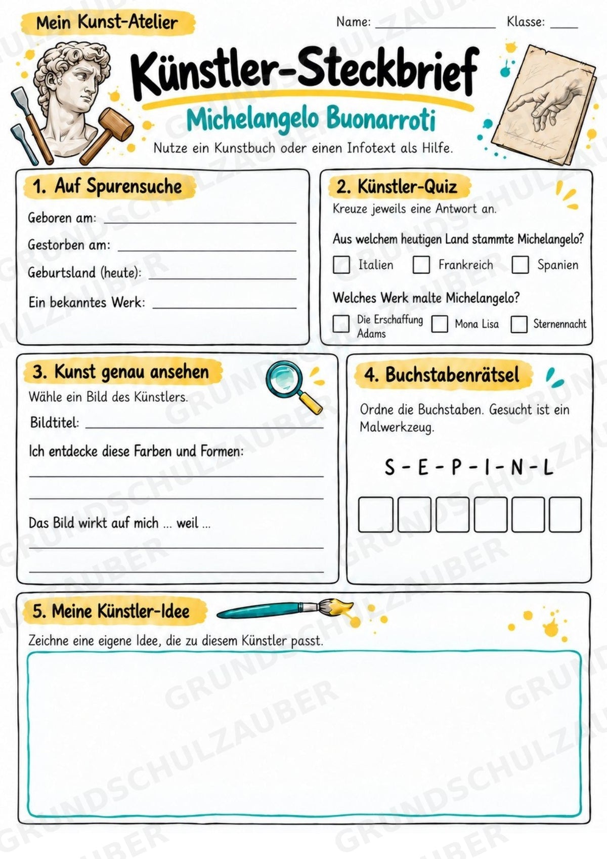 Michelangelo Buonarroti – Künstler-Steckbrief & Infotext | Kunstunterricht Grundschule Klasse 4–5 | Arbeitsblätter mit Lösungen – Materialseite 3