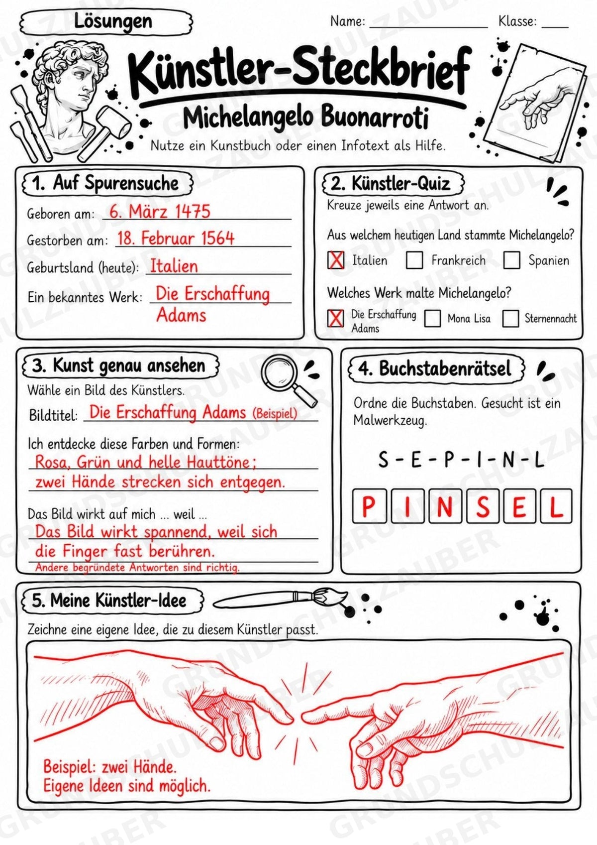 Michelangelo Buonarroti – Künstler-Steckbrief & Infotext | Kunstunterricht Grundschule Klasse 4–5 | Arbeitsblätter mit Lösungen – Materialseite 5