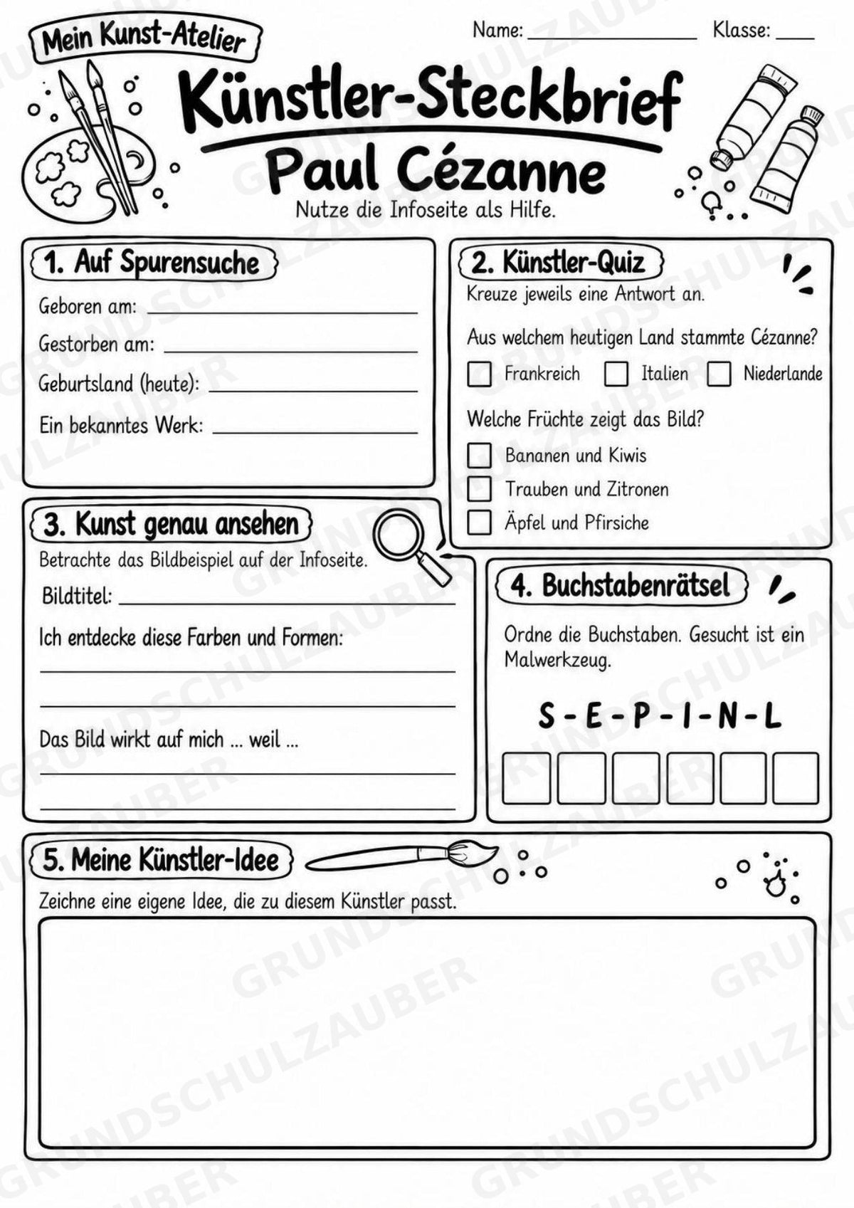 Paul Ce zanne – Künstler-Steckbrief & Infotext | Kunstunterricht Grundschule Klasse 4–5 | Arbeitsblätter mit Lösungen – Materialseite 4