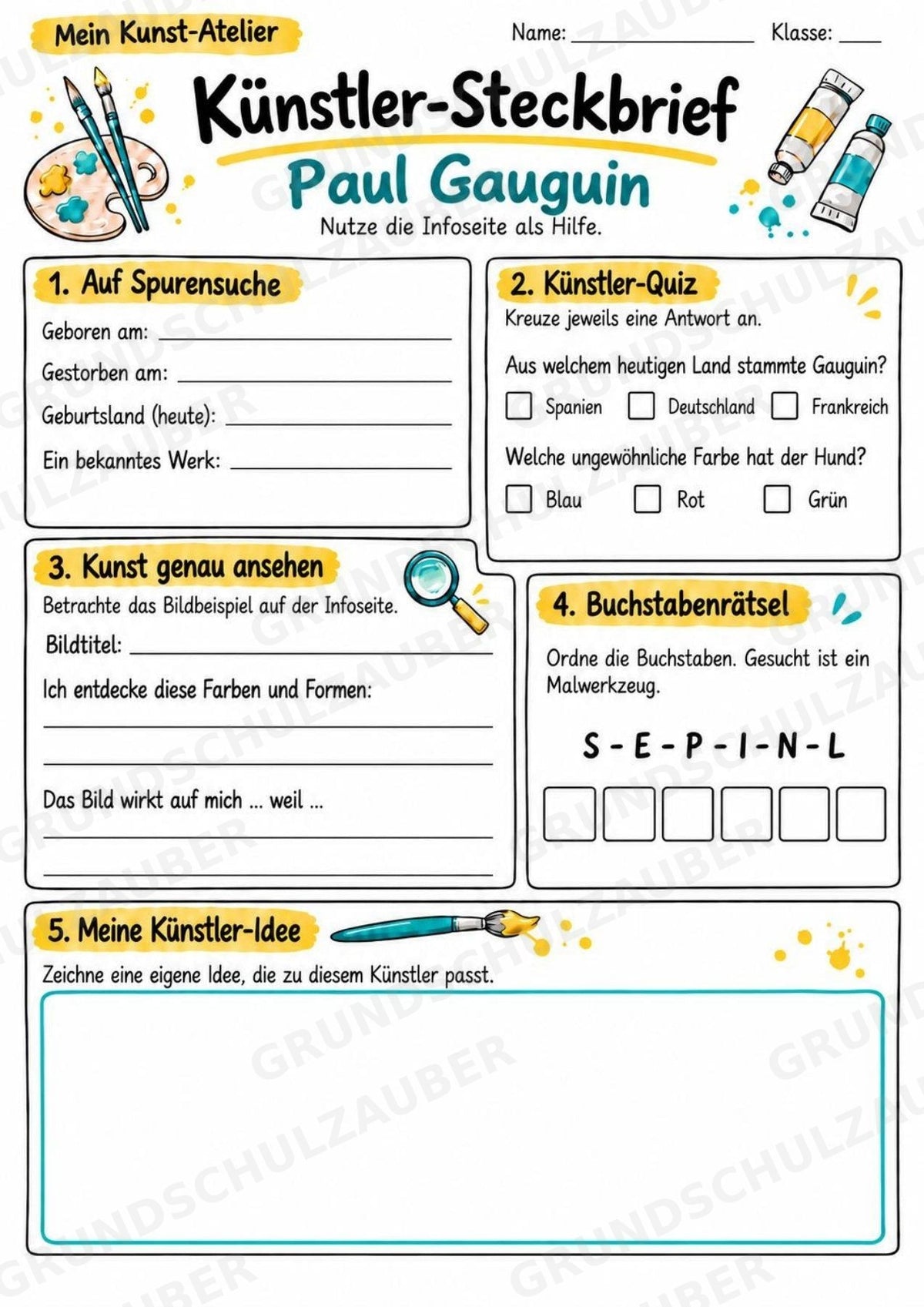 Paul Gauguin – Künstler-Steckbrief & Infotext | Kunstunterricht Grundschule Klasse 4–5 | Arbeitsblätter mit Lösungen – Materialseite 3
