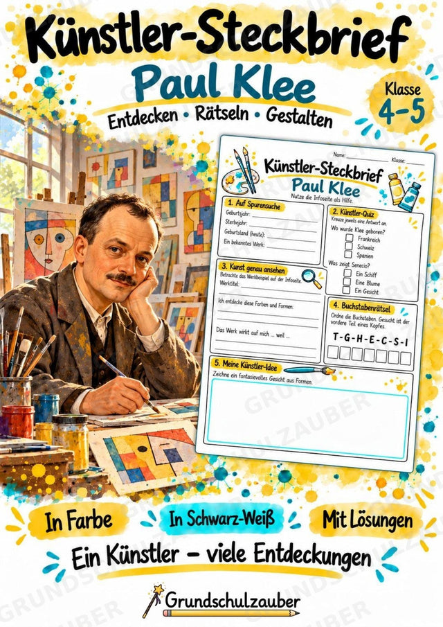Paul Klee – Künstler-Steckbrief & Infotext | Kunstunterricht Grundschule Klasse 4–5 | Arbeitsblätter mit Lösungen – Cover