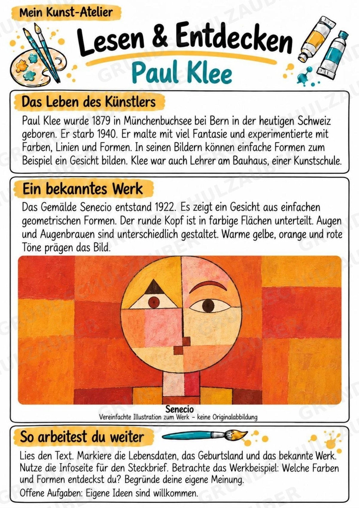 Paul Klee – Künstler-Steckbrief & Infotext | Kunstunterricht Grundschule Klasse 4–5 | Arbeitsblätter mit Lösungen – Materialseite 2