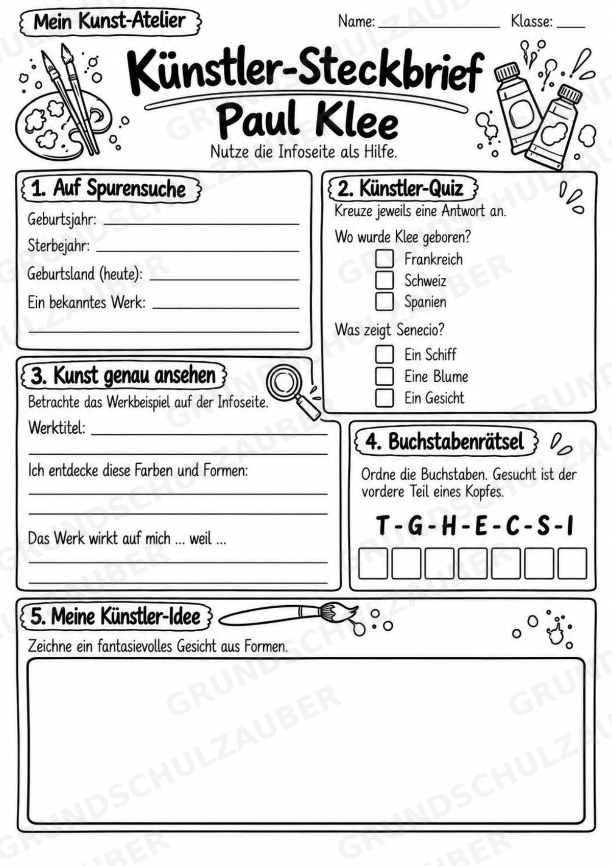 Paul Klee – Künstler-Steckbrief & Infotext | Kunstunterricht Grundschule Klasse 4–5 | Arbeitsblätter mit Lösungen – Materialseite 4