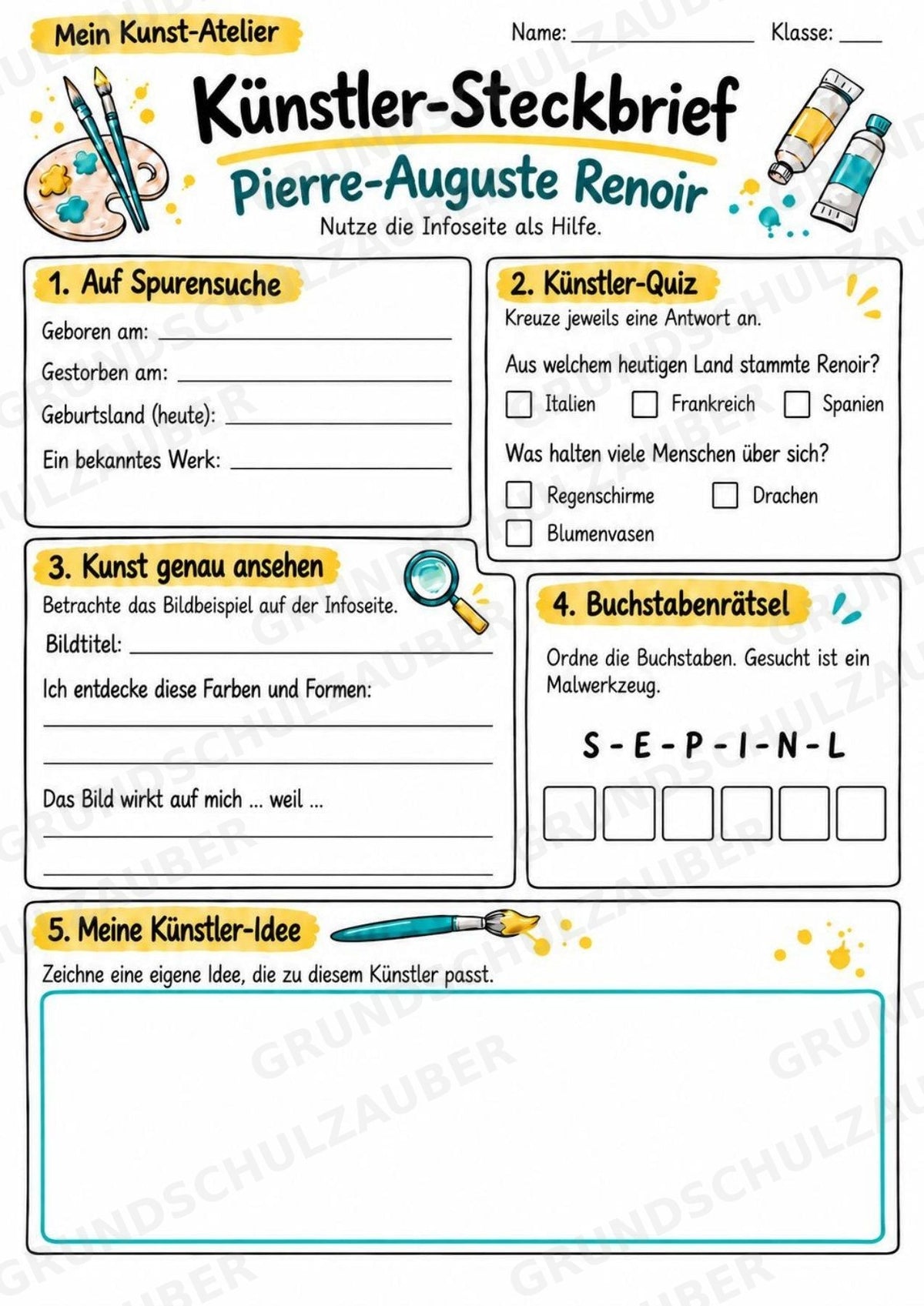 Pierre Auguste Renoir – Künstler-Steckbrief & Infotext | Kunstunterricht Grundschule Klasse 4–5 | Arbeitsblätter mit Lösungen – Materialseite 3