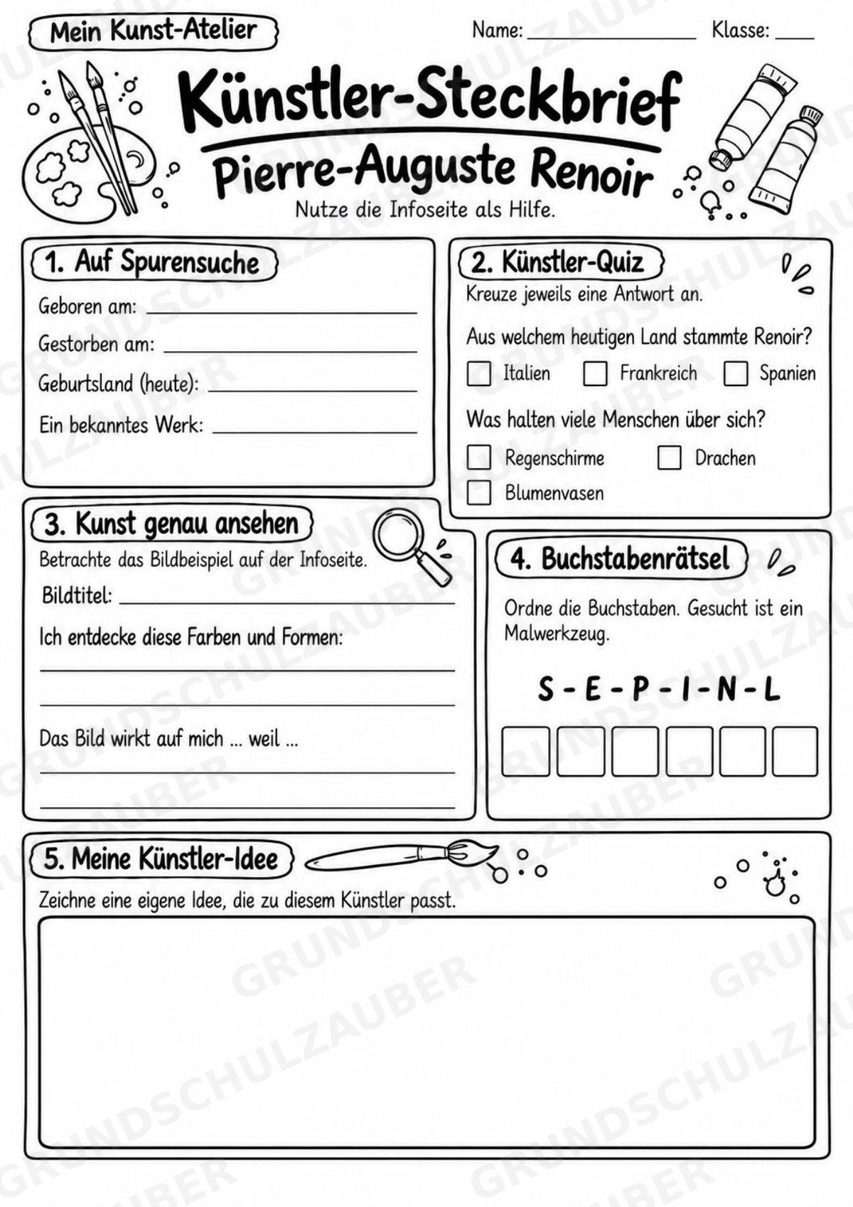Pierre Auguste Renoir – Künstler-Steckbrief & Infotext | Kunstunterricht Grundschule Klasse 4–5 | Arbeitsblätter mit Lösungen – Materialseite 4
