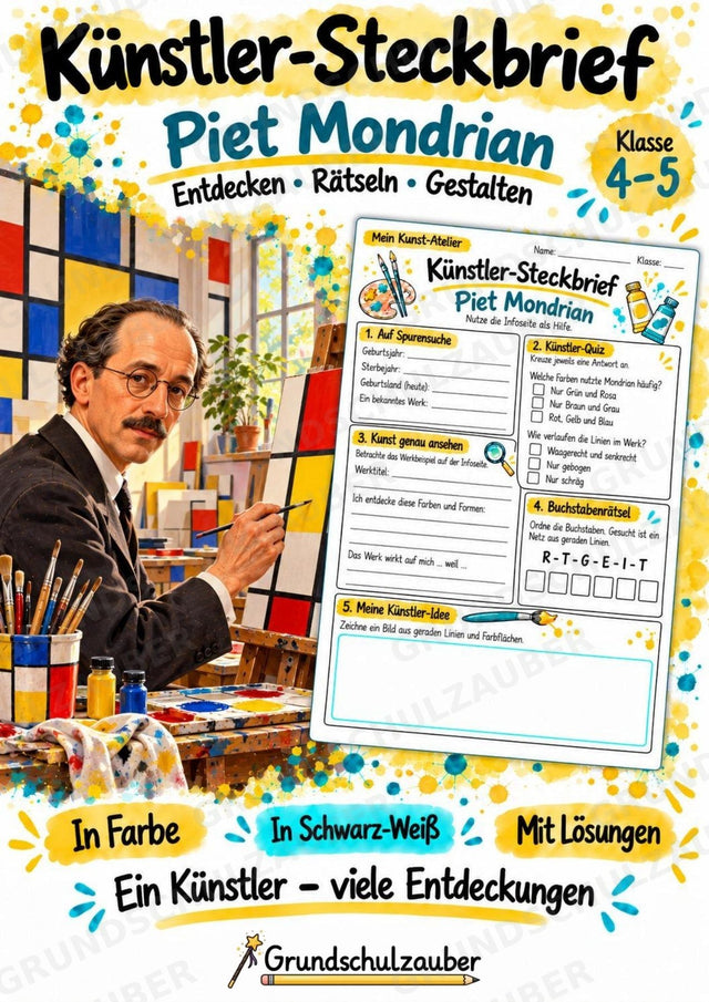 Piet Mondrian – Künstler-Steckbrief & Infotext | Kunstunterricht Grundschule Klasse 4–5 | Arbeitsblätter mit Lösungen – Cover