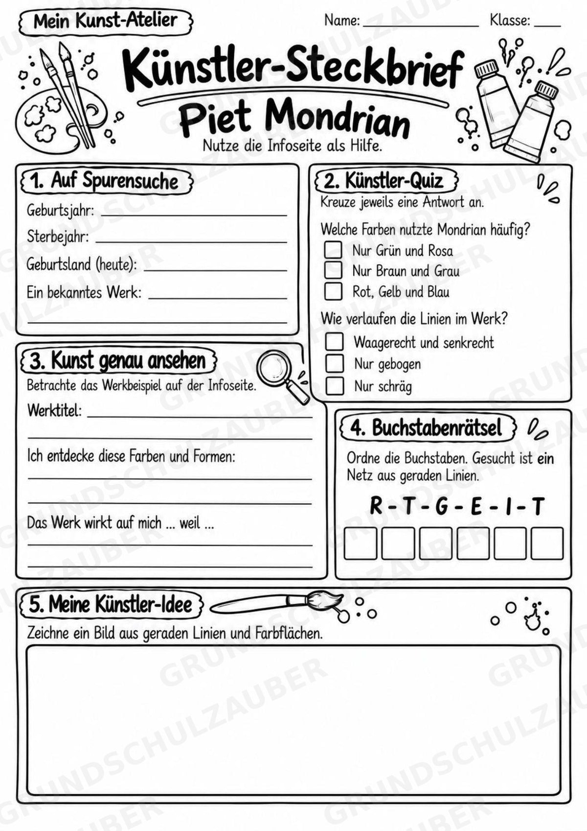 Piet Mondrian – Künstler-Steckbrief & Infotext | Kunstunterricht Grundschule Klasse 4–5 | Arbeitsblätter mit Lösungen – Materialseite 4