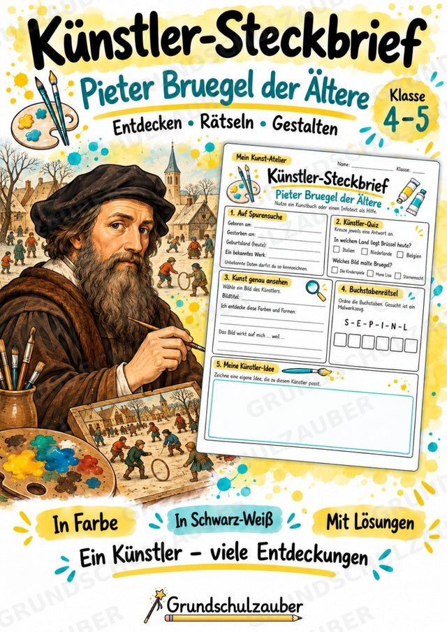 Pieter Bruegel der A ltere – Künstler-Steckbrief & Infotext | Kunstunterricht Grundschule Klasse 4–5 | Arbeitsblätter mit Lösungen – Cover