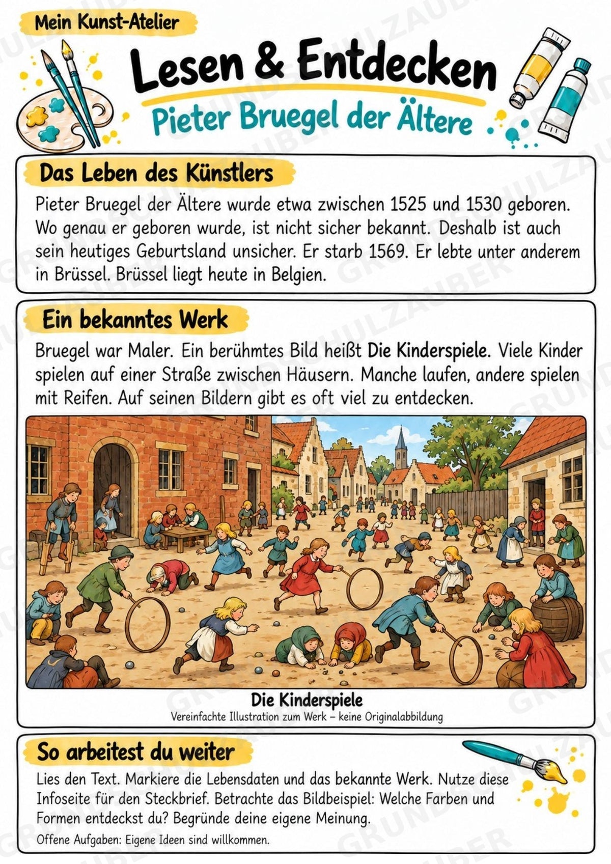 Pieter Bruegel der A ltere – Künstler-Steckbrief & Infotext | Kunstunterricht Grundschule Klasse 4–5 | Arbeitsblätter mit Lösungen – Materialseite 2